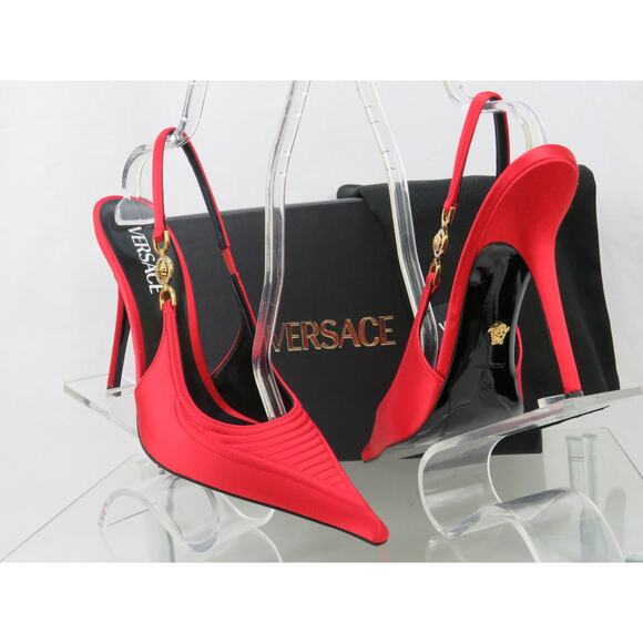 NIB VERSACE CORSET RED SATIN GOLD MEDUSA SANDALS HIGH HEEL PUMPS 40.5 10.5 ITALY - Picture 4 of 12